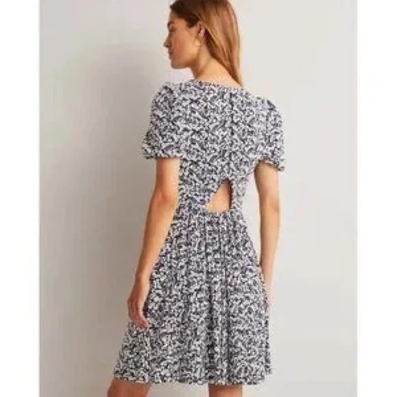 BODEN Back Detail Jersey Puff Sleeve Mini Dress Navy White Floral V-Neck NWT 4 - Picture 3 of 3
